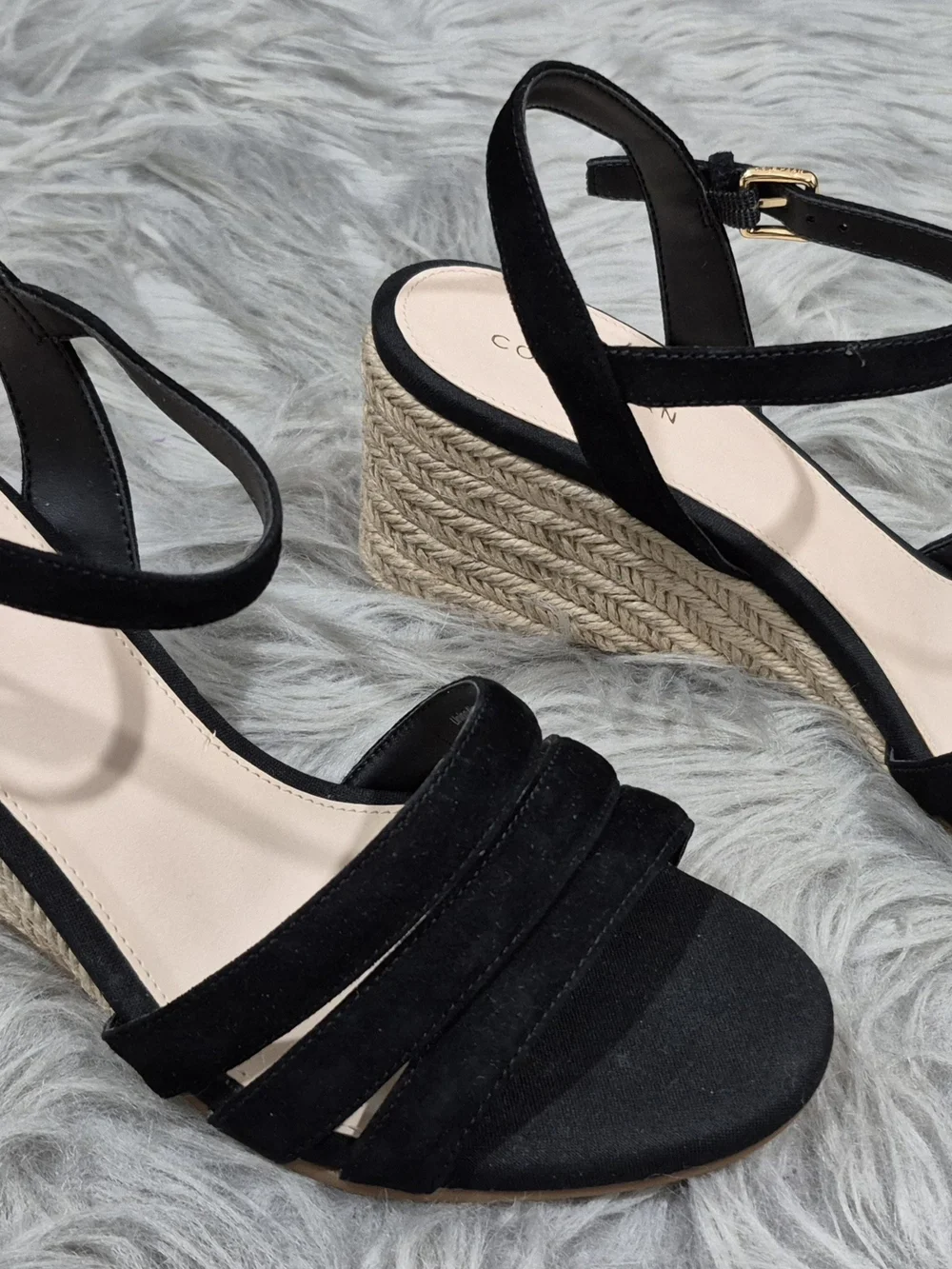 COLE HAAN Women's Black Suede Strap Espadrille Wedge Sandals Size 7.5B